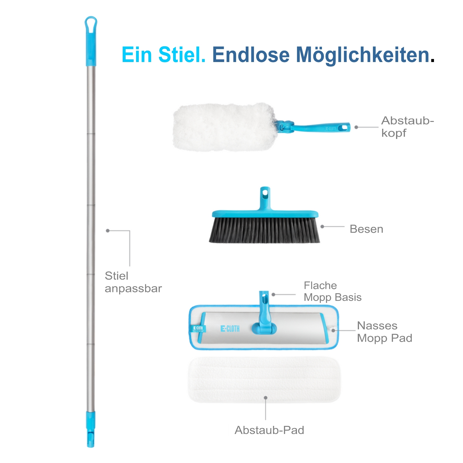 E-Cloth Easy-Click 4-in-1 Wischmopp/ Besen/ Staubwedel-Set Sparpaket